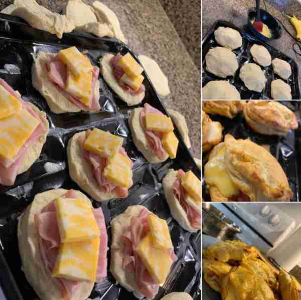 Colby Jack cheese. (Or whatever cheese you prefer) Pillsbury grand flaky biscuits. Smoked ham. One e...