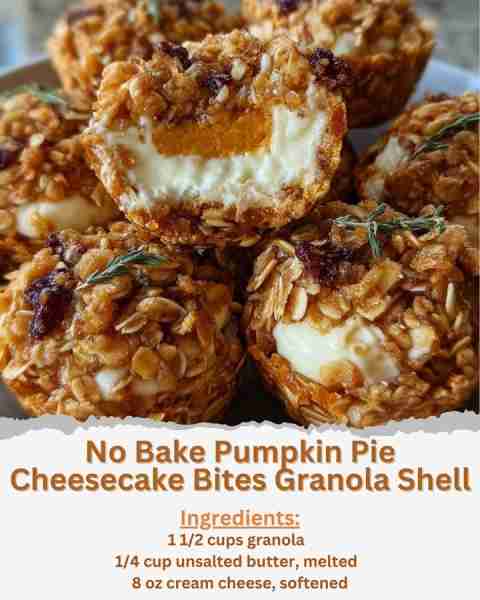 No Bake Pumpkin Pie Cheesecake Bites Granola Shell Ingredients: - 1 1/2 cups granola - 1/4 cup unsal...