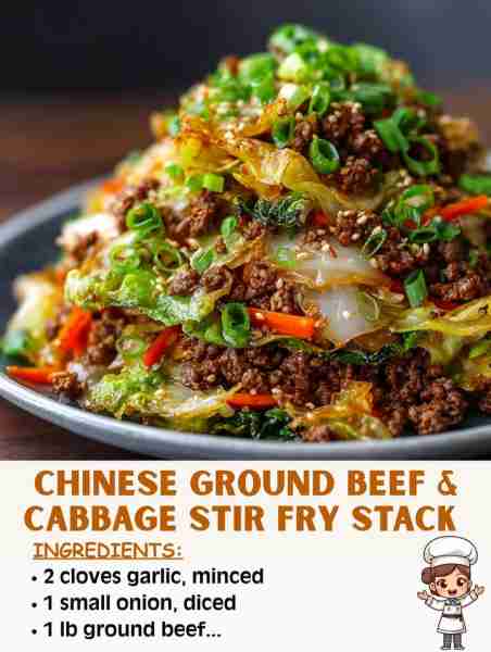 🥢 Chinese Ground Beef & Cabbage Stir Fry Stack 🛒 Ingredients 1 lb ground beef ½ head green cabbage...