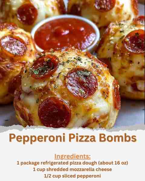 Pepperoni Pizza Bombs Ingredients: - 1 package refrigerated pizza dough (about 16 oz) - 1 cup shredd...