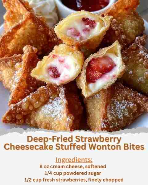 Deep-Fried Strawberry Cheesecake Stuffed Wonton Bites Ingredients: - 8 oz cream cheese, softened - 1...