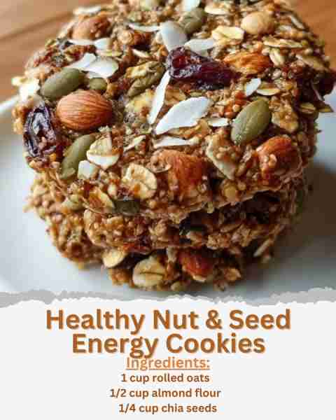 Healthy Nut & Seed Energy Cookies Ingredients: - 1 cup rolled oats - 1/2 cup almond flour - 1/4 cup...