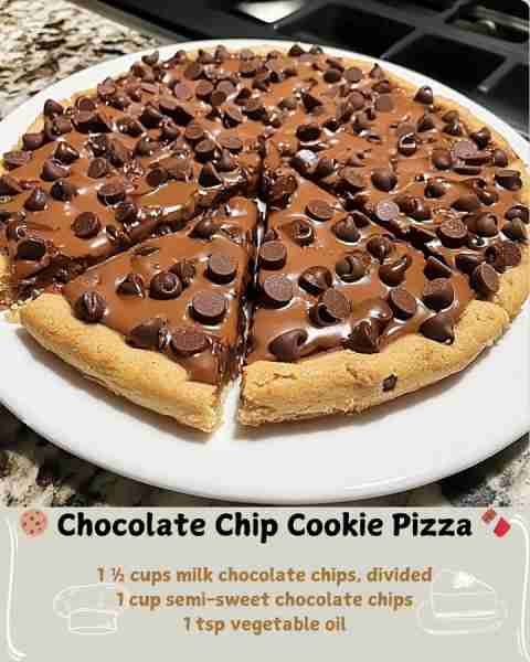 🍪 Chocolate Chip Cookie Pizza 🍫 Ingredients 1 package (16 oz) refrigerated sugar cookie dough (or...