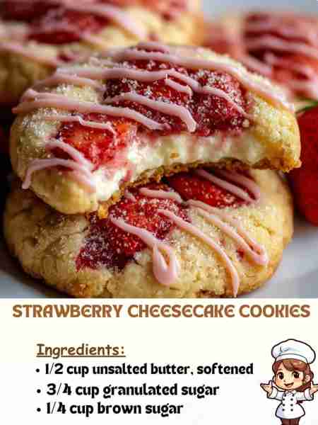 Strawberry Cheesecake Cookies Ingredients: ½ cup unsalted butter, softened ¾ cup granulated sugar ¼...