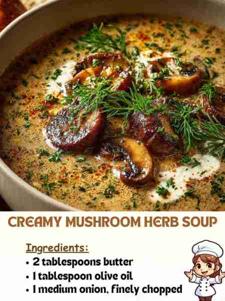 Creamy Mushroom Herb Soup Ingredients: 2 tablespoons butter 1 tablespoon olive oil 1 medium onion, f...