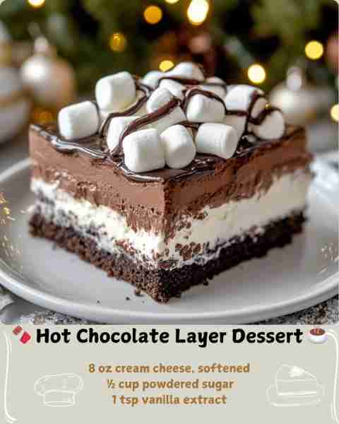 🍫 Hot Chocolate Layer Dessert ☕ Ingredients Crust: 2 cups chocolate cookie crumbs 6 tbsp unsalted...