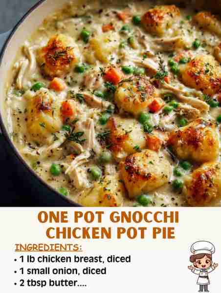 🥘 One Pot Gnocchi Chicken Pot Pie 🛒 Ingredients 2 tbsp butter 1 lb chicken breast, diced 1 small o...