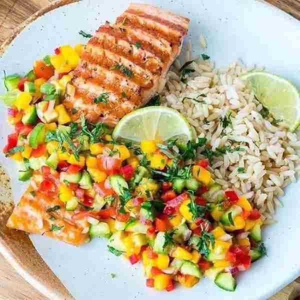 Grilled Lime Salmon + Avo-Mango Salsa I could eat THIS everyday and be so happy! It comes together...