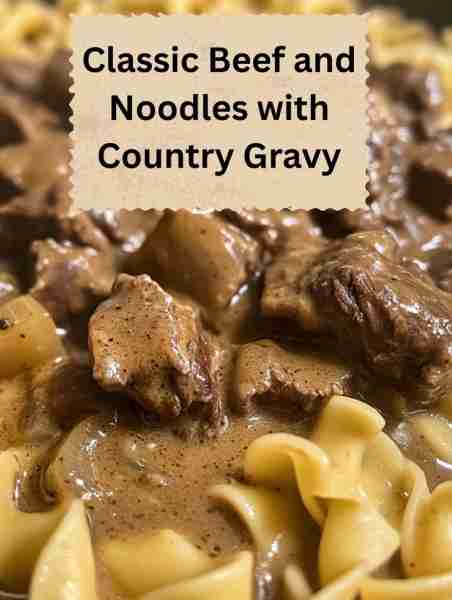 Classic Beef and Noodles with Country Gravy Ingredients: - 1 lb beef stew meat - 1 onion, chopped -...