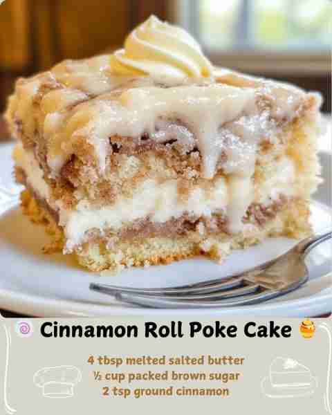 🍥 Cinnamon Roll Poke Cake 🍯 Ingredients Cake Layer 1 box vanilla cake mix (and the eggs, oil, wate...