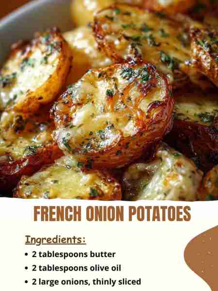 French Onion Potatoes Ingredients: 2 tablespoons butter 2 tablespoons olive oil 2 large onions, thin...