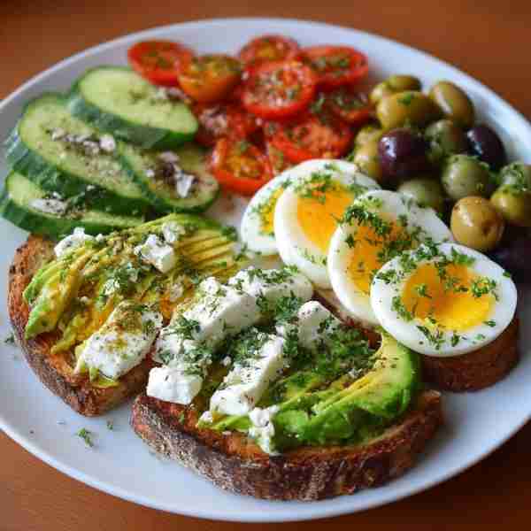 Mediterranean Avocado Toast Plate Serves 2 You’ll need 2 thick slices sourdough 1 ripe avocado 2 jam...