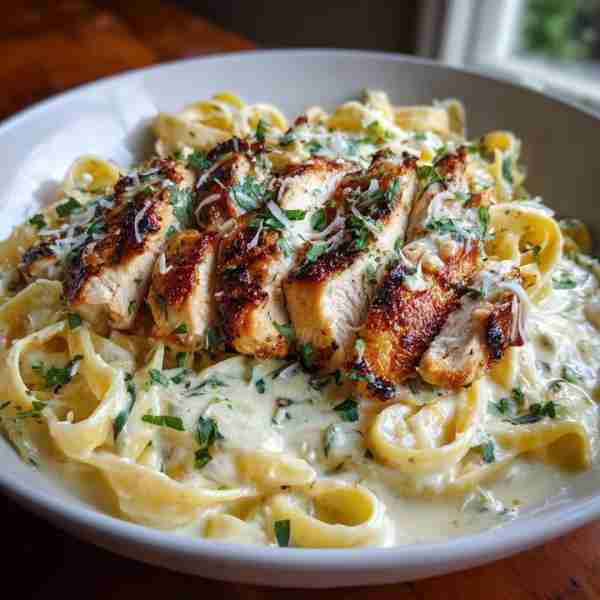 Creamy Chicken Alfredo Pasta 🍝 Ingredients 🍗 Chicken breast 🧄 Garlic minced 🍝 Fettuccine pasta...
