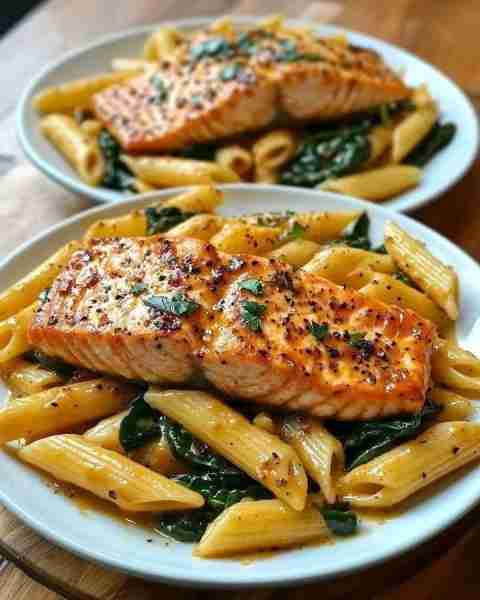 Creamy Salmon Spinach Pasta 🧄 Ingredients: @top fans 8 oz (225g) pasta (penne, fettuccine, or your...