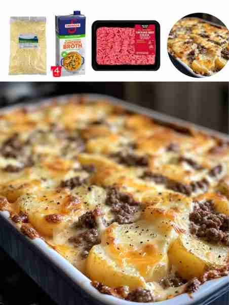 Cheesy Hamburger and Scalloped Potato Casserole Ingredients: - 1 pound ground beef - 1 onion, diced...