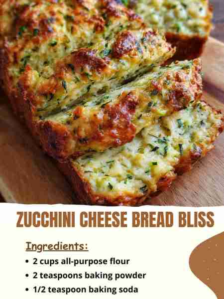 Zucchini Cheese Bread Bliss Ingredients 2 cups all-purpose flour 2 teaspoons baking powder ½ teaspoo...