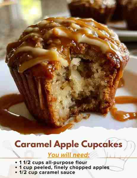 Caramel Apple Cupcakes Ingredients: - 1 1/2 cups all-purpose flour - 1 teaspoon baking powder - 1/2...