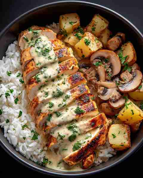 Creamy Herb Chicken Bowl with Garlic Potatoes & Sautéed Mushrooms 🍗🥔🍄 Prep Time: 20 minutes Cook...