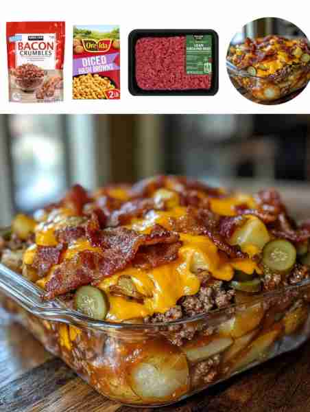 Loaded Bacon Cheeseburger and Potato Bake Ingredients: - 1 lb ground beef - 1 onion, diced - 2 clove...
