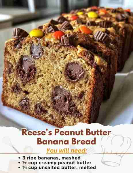 Reese's Peanut Butter Banana Bread Ingredients: - 3 ripe bananas, mashed - ½ cup creamy peanut butte...