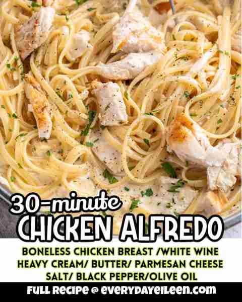 Chicken Alfredo, ready in 30-minutes, a creamy cheesy sauce with tender chicken and linguine. Recipe...