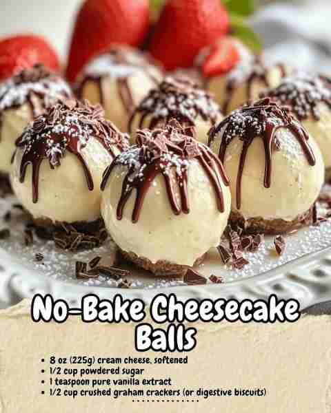 No-Bake Cheesecake Balls Ingredients: - 8 oz (225g) cream cheese, softened - 1/2 cup powdered sugar...