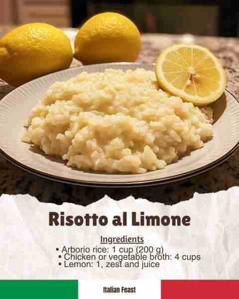 🟠 Risotto al Limone A bright and refreshing risotto infused with lemon zest and juice, bringing a z...