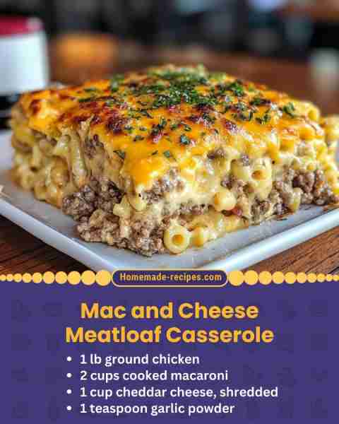 Mac and Cheese Meatloaf Casserole 📋 Ingredients: • 1 lb ground chicken • 2 cups cooked macaroni • 1...