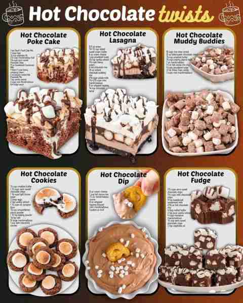 HOT CHOCOLATE TWISTS 🍫 HOT CHOCOLATE POKE CAKE: 1 box Devil’s Food Cake Mix 3 large Eggs ½ cup vege...