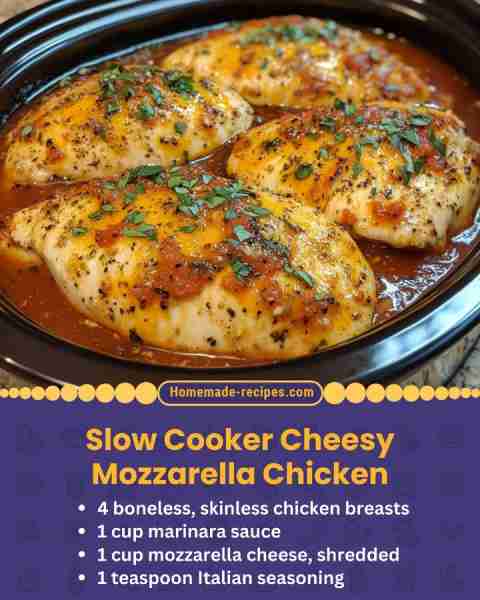 Slow Cooker Cheesy Mozzarella Chicken 📋 Ingredients: • 4 boneless, skinless chicken breasts • 1 cup...