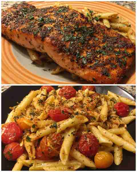 Cajun Salmon with Roasted Tomato Penne Spicy Cajun Salmon Penne with Roasted Tomato Sauce Ingredient...
