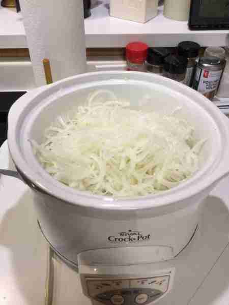 3 pounds of onions (with 4 ounces of melted butter) in the crockpot overnight. French Onion Soup lat...