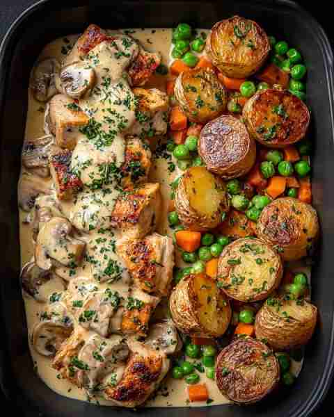 Creamy Garlic Chicken with Roasted Potatoes & Peas-Carrot Medley 🍗🥔🥕 Prep Time: 20 minutes Cook T...