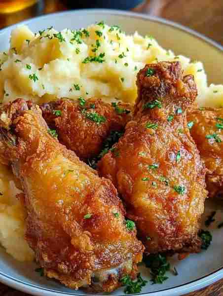Fried Chicken with 🥔 Mashed Potatoes 📝 Ingredients For the Fried Chicken: 8 chicken drumsticks (or...