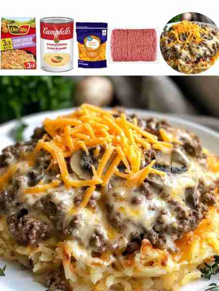 Creamy Hamburger Hash Brown Casserole Ingredients: - 1 pound ground beef - 1 onion, diced 👉FULL REC...