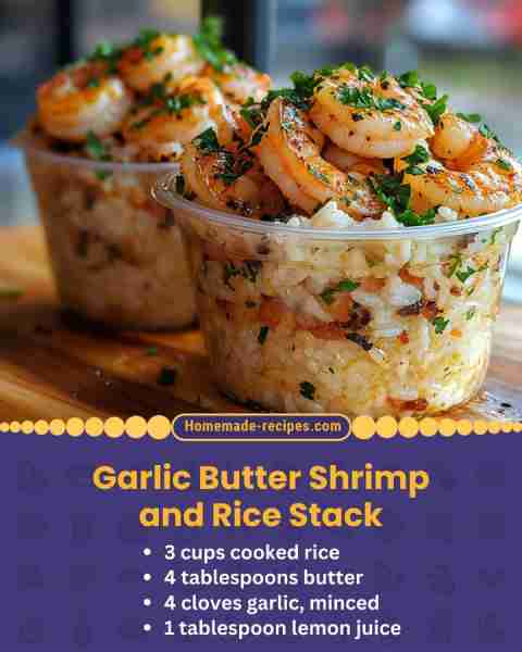 Garlic Butter Shrimp and Rice Stack 📋 Ingredients: • 1 lb shrimp, peeled and deveined • 3 cups cook...