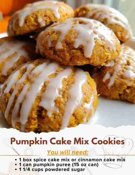 Pumpkin Cake Mix Cookies Ingredients: - 1 box spice cake mix or cinnamon cake mix (15.25 oz box) - 1...