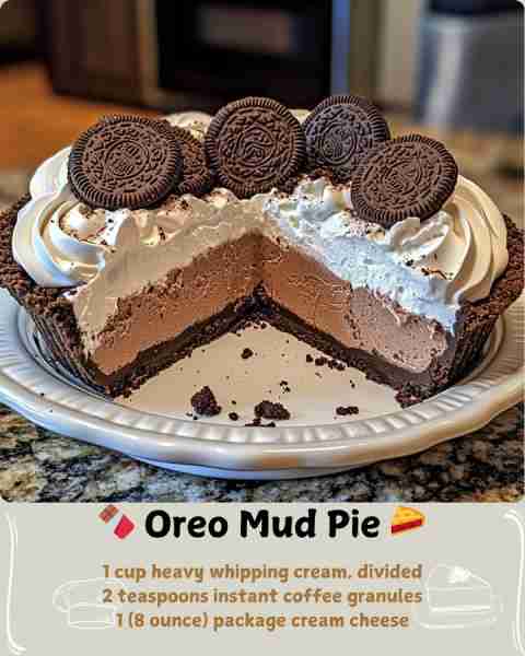 🍫 Oreo Mud Pie 🥧 Ingredients For the Crust: 24 chocolate sandwich cookies (like Oreos®) 5 tablespo...