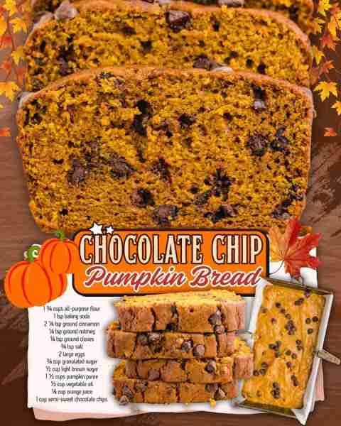 CHOCOLATE CHIP PUMPKIN BREAD 🧡🧡 1 ¾ cups all-purpose flour 1 tsp baking soda 2 ¼ tsp ground cinnam...
