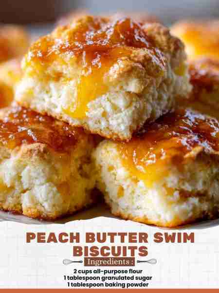 Peach Butter Swim Biscuits Ingredients: 2 cups all-purpose flour 1 tablespoon granulated sugar 1 tab...