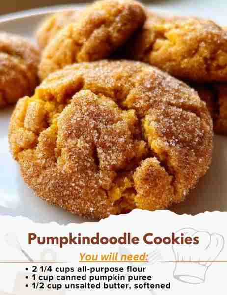 Pumpkindoodle Cookies Ingredients: - 2 1/4 cups all-purpose flour - 1 teaspoon baking soda - 1/2 tea...