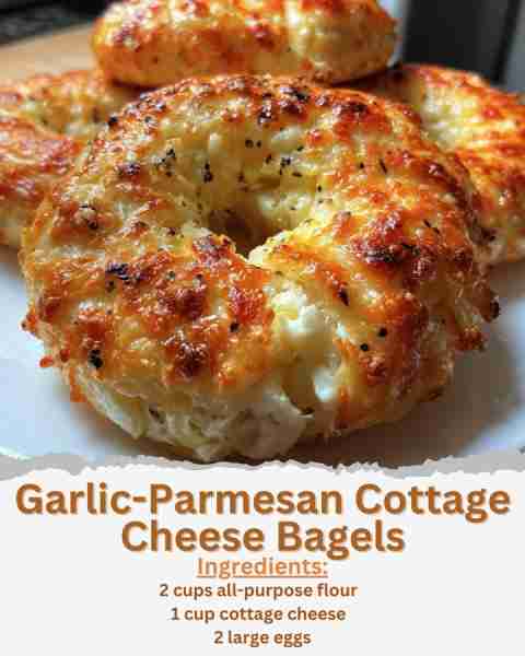 Garlic-Parmesan Cottage Cheese Bagels Ingredients: - 2 cups all-purpose flour - 1 cup cottage cheese...