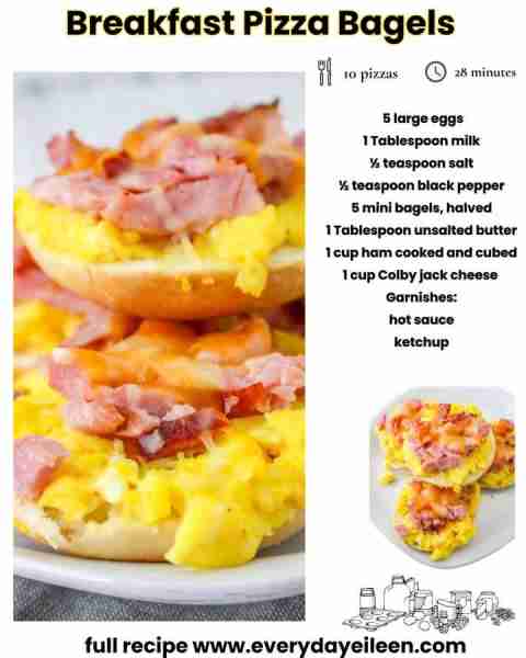 Breakfast Pizza Bagels, a great recipe to make ahead. Use leftover ham for these delicious breakfast...