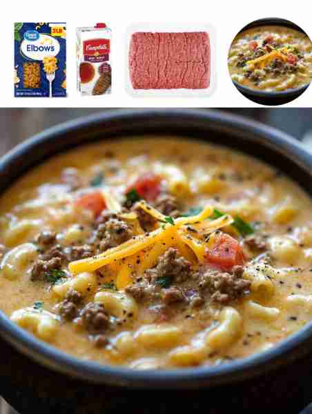 One-Pot Macaroni Cheeseburger Soup Ingredients: - 1 lb ground beef - 1 onion, diced - 2 cloves garli...