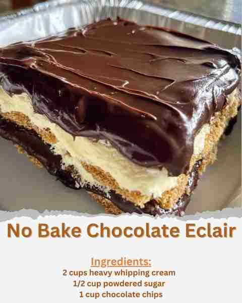 No Bake Chocolate Eclair Ingredients: - 2 cups heavy whipping cream - 1/2 cup powdered sugar - 1 tea...