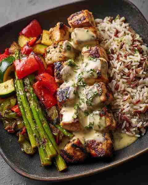 Wild Rice Bowl with Grilled Chicken, Roasted Veg & Cream Sauce 🌿🍋 Prep Time: 20 min Cook Time: 30...