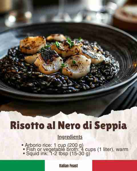 🟠 Risotto al Nero di Seppia A luxurious Venetian risotto flavored with squid ink, giving it a rich,...