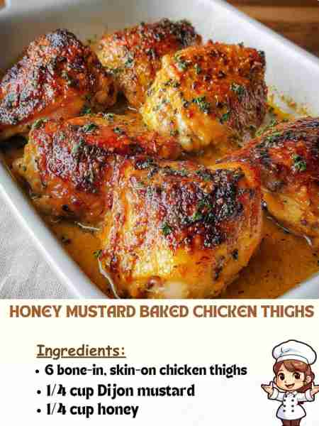 Honey Mustard Baked Chicken Thighs Ingredients 6 bone-in, skin-on chicken thighs ¼ cup Dijon mustard...