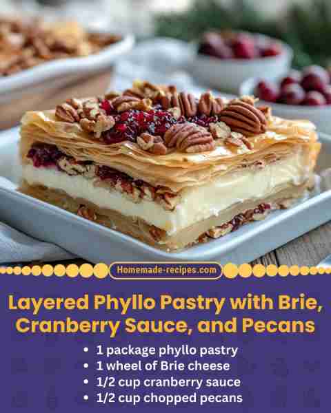 Layered Phyllo Pastry with Brie, Cranberry Sauce, and Pecans 📋 Ingredients: • 1 package phyllo past...