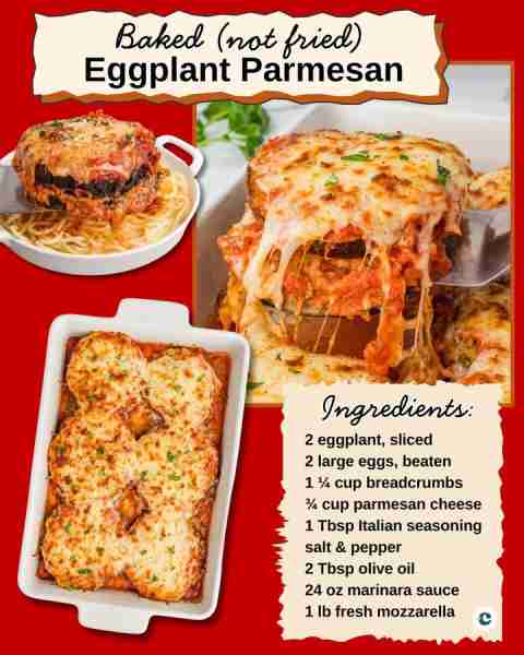 BAKED EGGPLANT PARMESAN 🍆 2 eggplants 🍆 2 large eggs 🍆 1¼ cup breadcrumbs 🍆 ¾ cup parmesan chees...